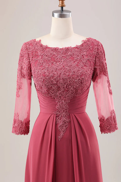 Red earth A-line pleated decal long sleeved bridal mother gown