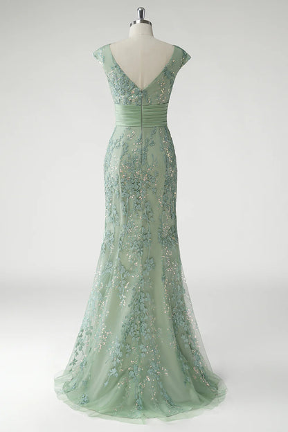 Glamorous Form-Fitting Mermaid Silhouette V-Neck Cap Sleeve V-Back Maxi Mother of the Bride Dress