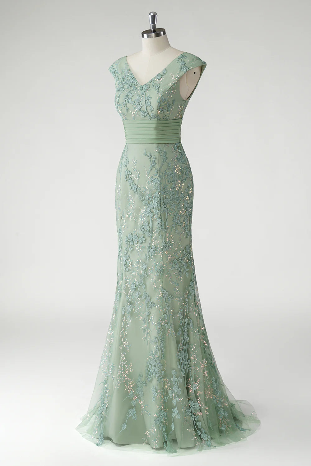 Glamorous Form-Fitting Mermaid Silhouette V-Neck Cap Sleeve V-Back Maxi Mother of the Bride Dress