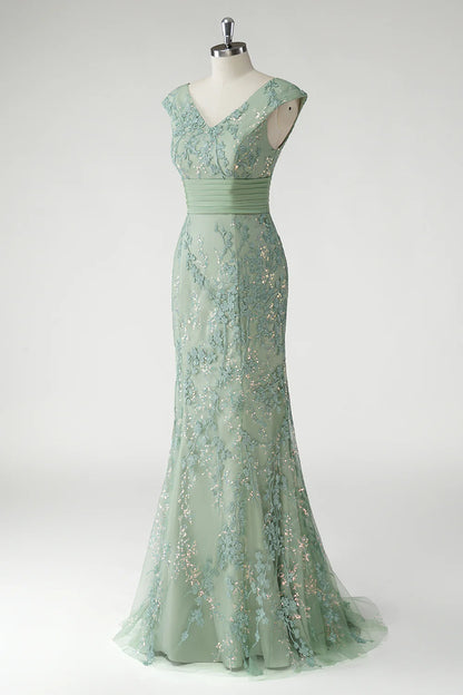 Glamorous Form-Fitting Mermaid Silhouette V-Neck Cap Sleeve V-Back Maxi Mother of the Bride Dress