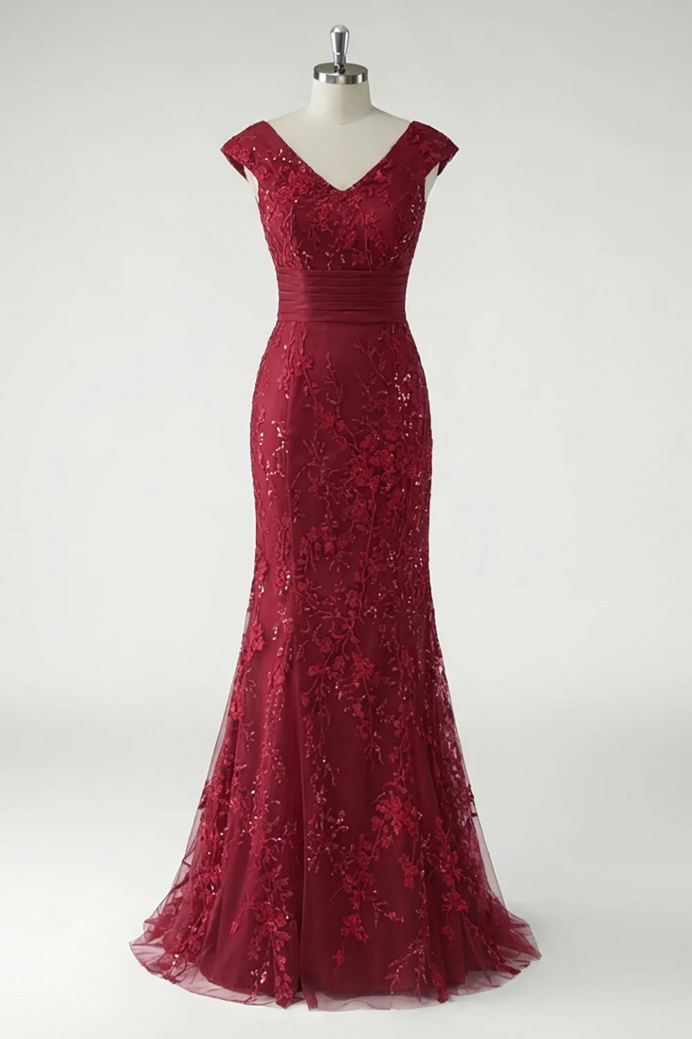 Glamorous Form-Fitting Mermaid Silhouette V-Neck Cap Sleeve V-Back Maxi Mother of the Bride Dress