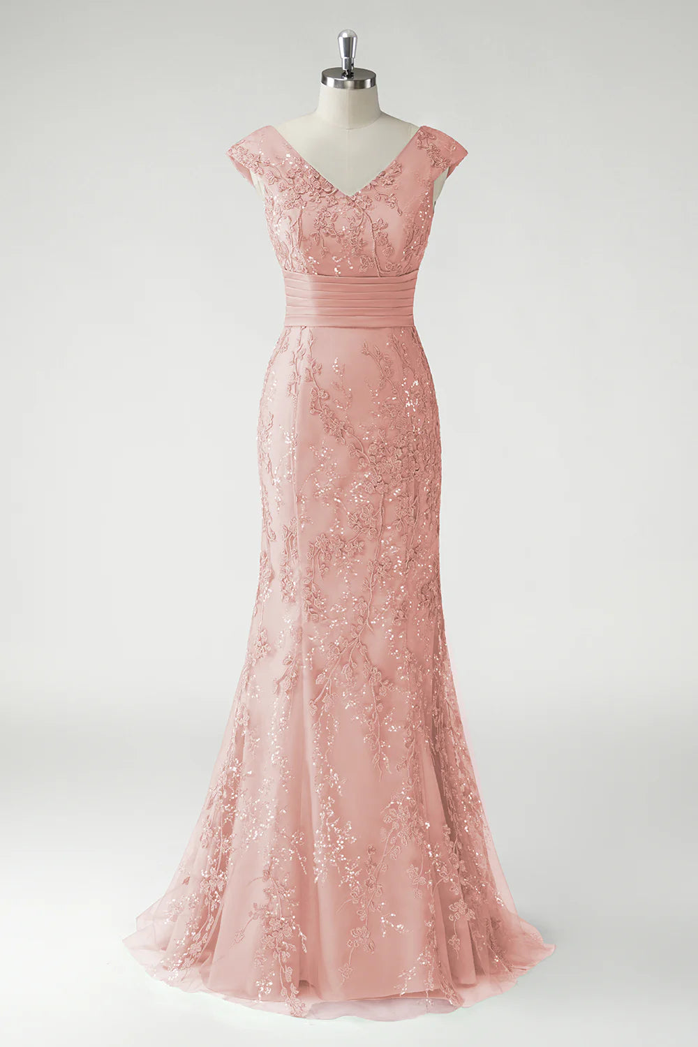 Glamorous Form-Fitting Mermaid Silhouette V-Neck Cap Sleeve V-Back Maxi Mother of the Bride Dress