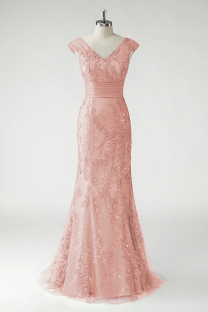 Glamorous Form-Fitting Mermaid Silhouette V-Neck Cap Sleeve V-Back Maxi Mother of the Bride Dress