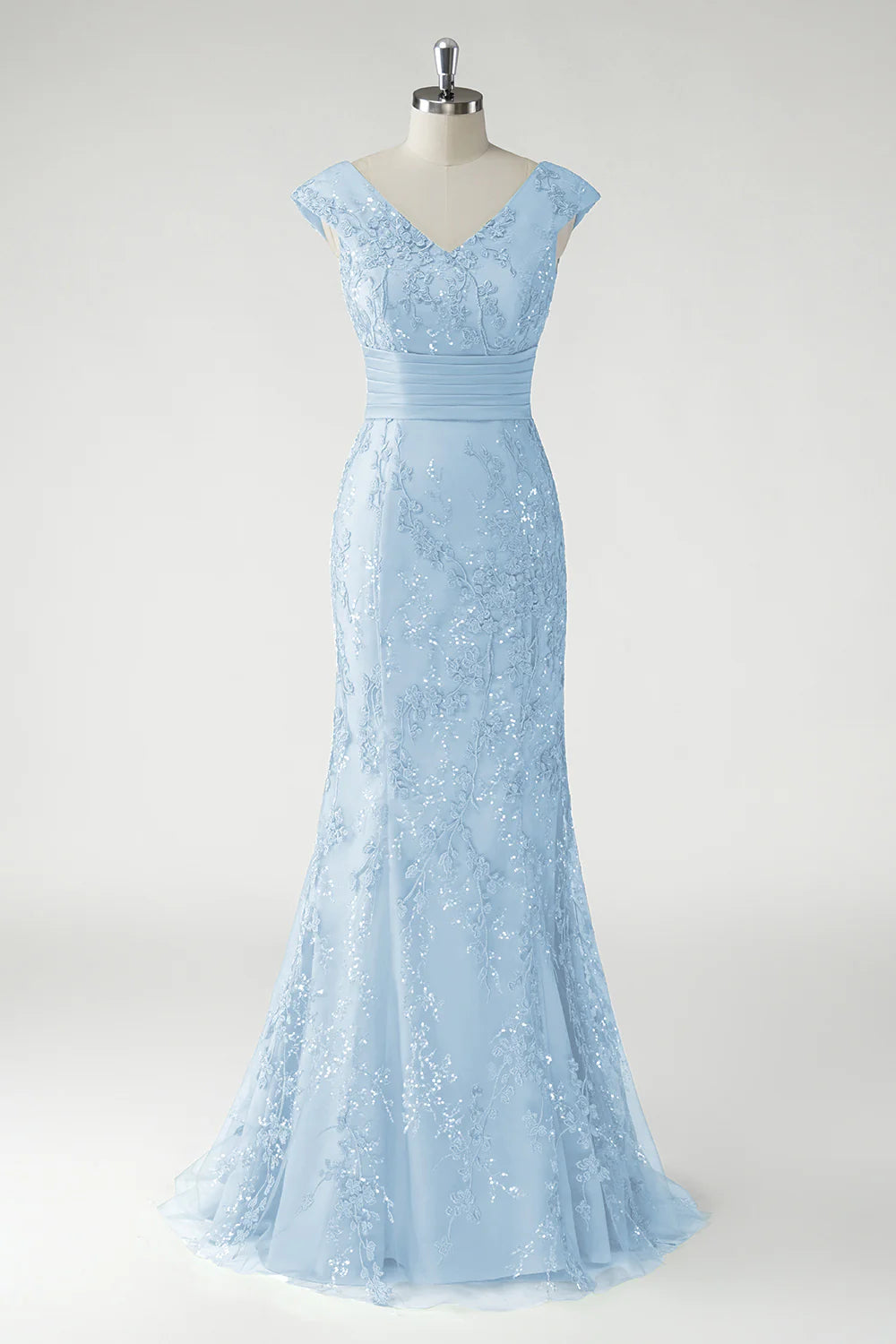 Glamorous Form-Fitting Mermaid Silhouette V-Neck Cap Sleeve V-Back Maxi Mother of the Bride Dress
