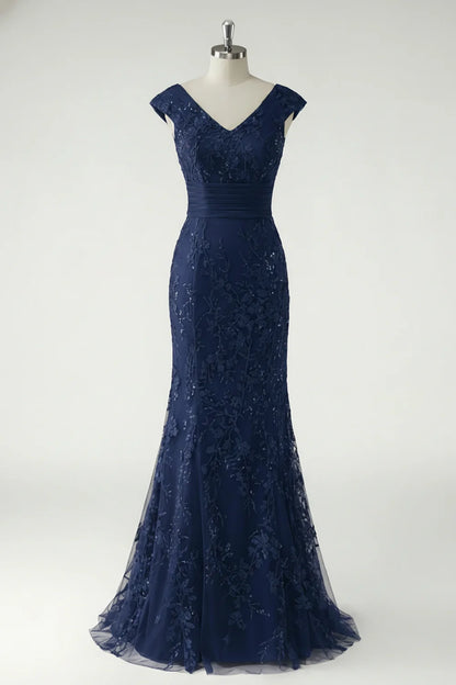 Glamorous Form-Fitting Mermaid Silhouette V-Neck Cap Sleeve V-Back Maxi Mother of the Bride Dress
