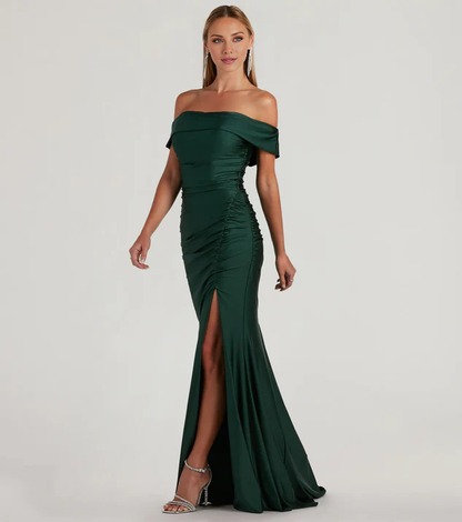 LD off shoulder collar sleeveless backless side slit and floor length Prom dress