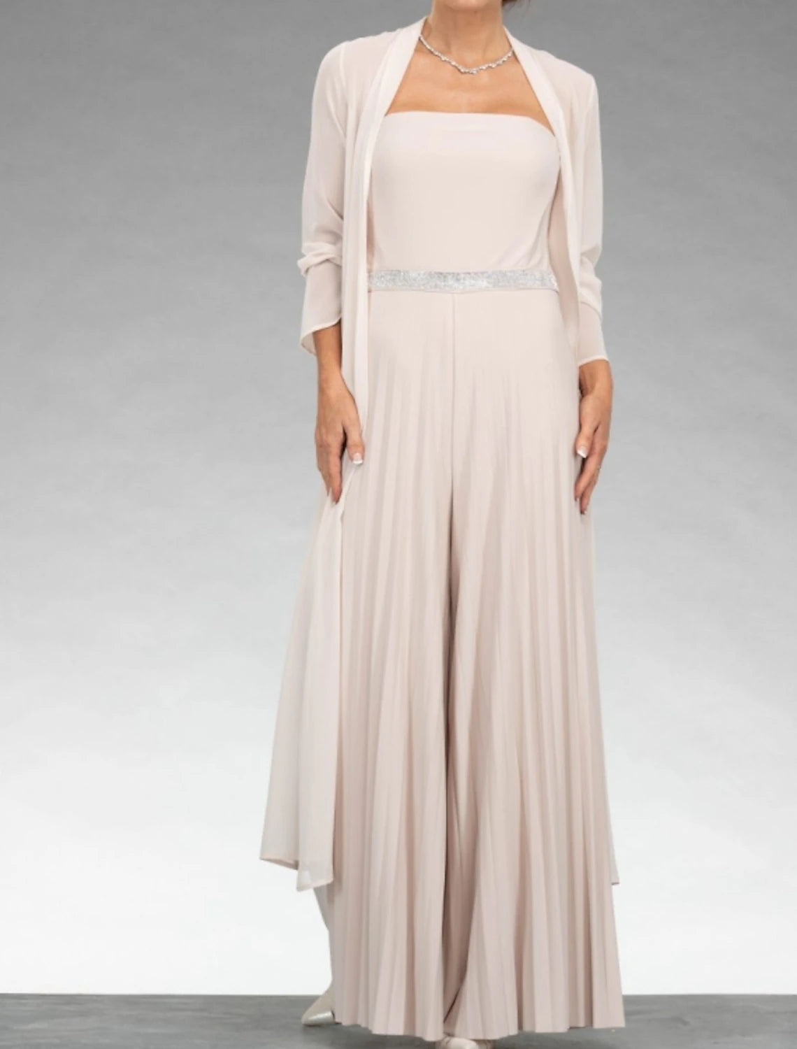 Two Piece Jumpsuits Mother of the Bride Dress Wedding Guest Elegant 3/4 Sleeve with Jacket Dresses Chiffon Sweetheart Floor Length Sash / Ribbon Pleats Wrap Included