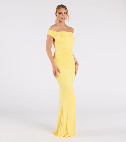 LD asymmetrical collar off shoulder sleeveless and floor length Prom dress