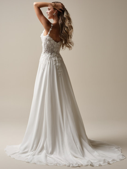A-line deep V elegant floral off the shoulder and ground length wedding dress