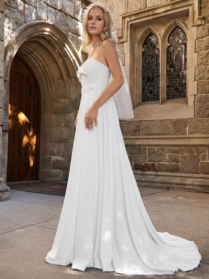 Elegant flower decal slit strapless and floor length wedding dress