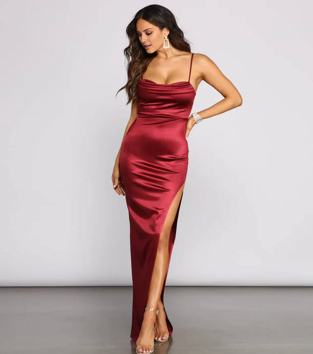 LD square neckline off shoulder sleeveless thin shoulder strap open back side slit and floor length evening dress