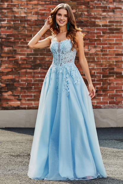 Light blue A-line thin shoulder strap decal tight corset evening dress