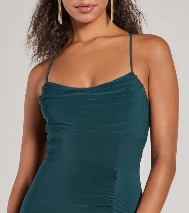 LD square neckline off shoulder sleeveless thin shoulder strap backless side slit and floor length Prom dress