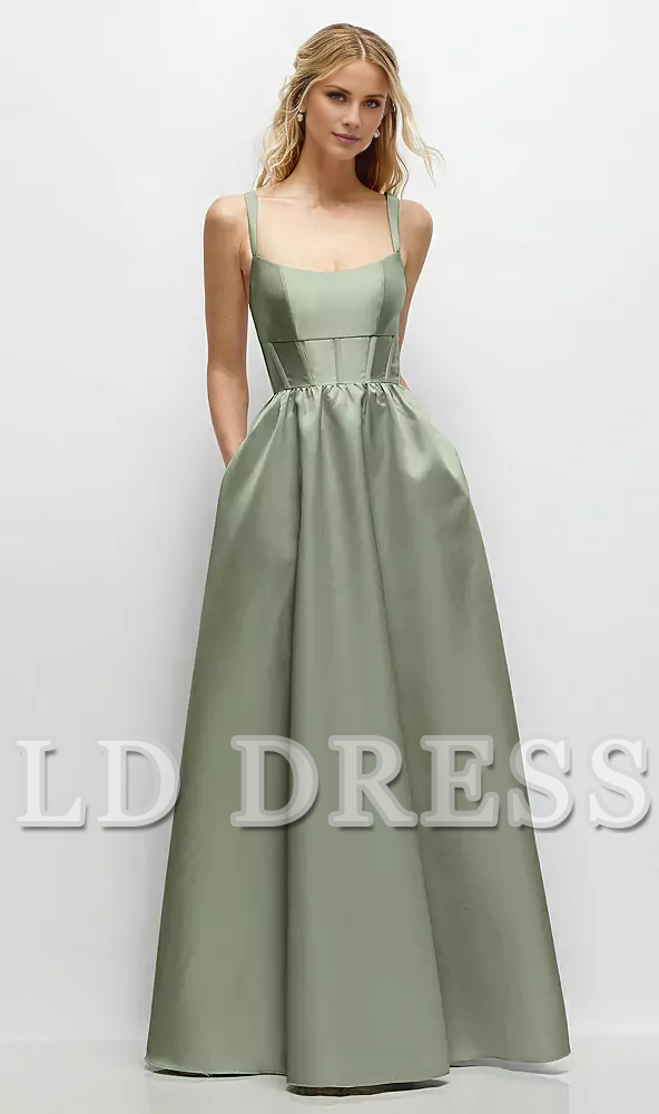 Low round neck studded tight corset satin and floor length bridesmaid dress - LD Dress