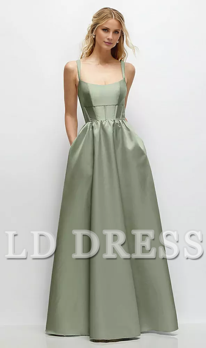 Low round neck studded tight corset satin and floor length bridesmaid dress - LD Dress