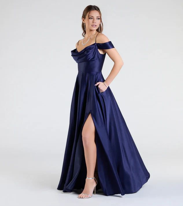 LD off shoulder collar sleeveless thin shoulder strap backless side slit and floor length Prom dress