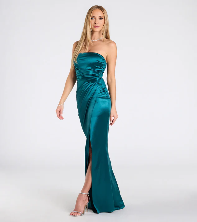 LD off shoulder collar sleeveless strapless backless side slit and floor length Prom dress
