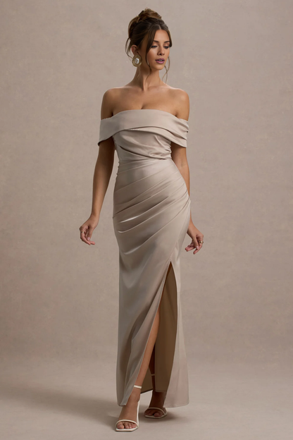 LD - Shoulder less collar satin strapless backless and floor length Prom dress