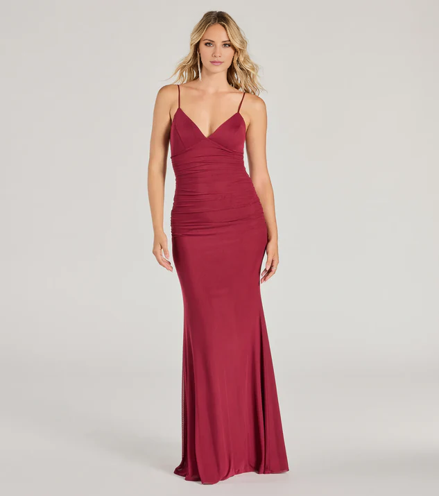 LD V collar off shoulder sleeveless thin shoulder strap backless and floor length Prom dress