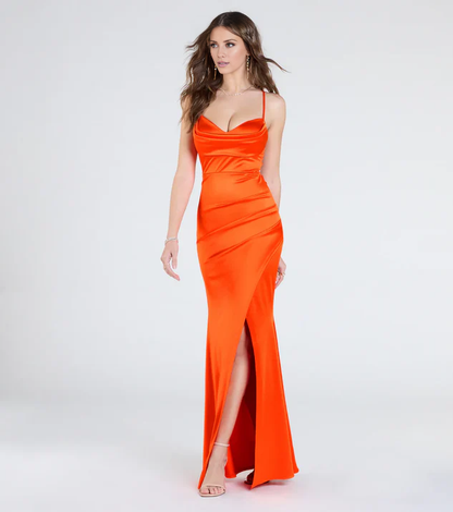 LD V collar off shoulder sleeveless thin shoulder strap open back side slit and floor length Prom dress