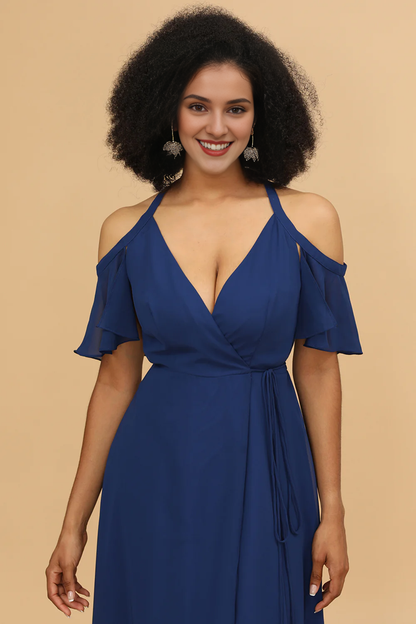 Navy blue split A-line shoulder chiffon bridesmaid dress