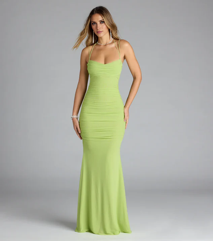 LD square neckline off shoulder sleeveless thin shoulder strap backless and floor length Prom dress