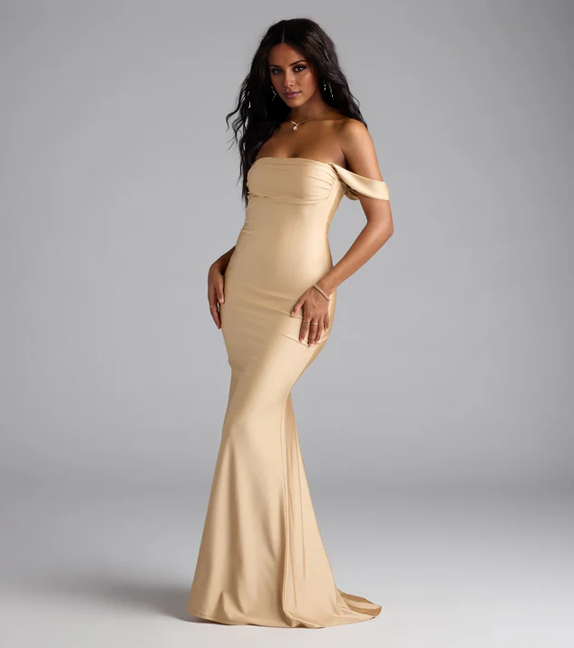 LD mermaid off shoulder collar sleeveless backless and floor length evening dress