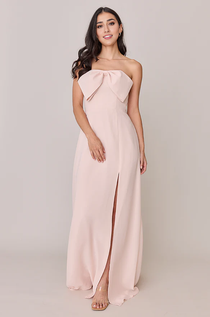 LD off shoulder collar sleeveless and strapless bow details backless side slit and floor length Prom dress