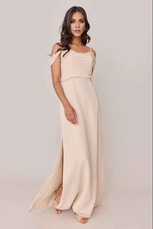 LD square neckline sleeveless thin shoulder strap backless side slit and floor length Prom dress