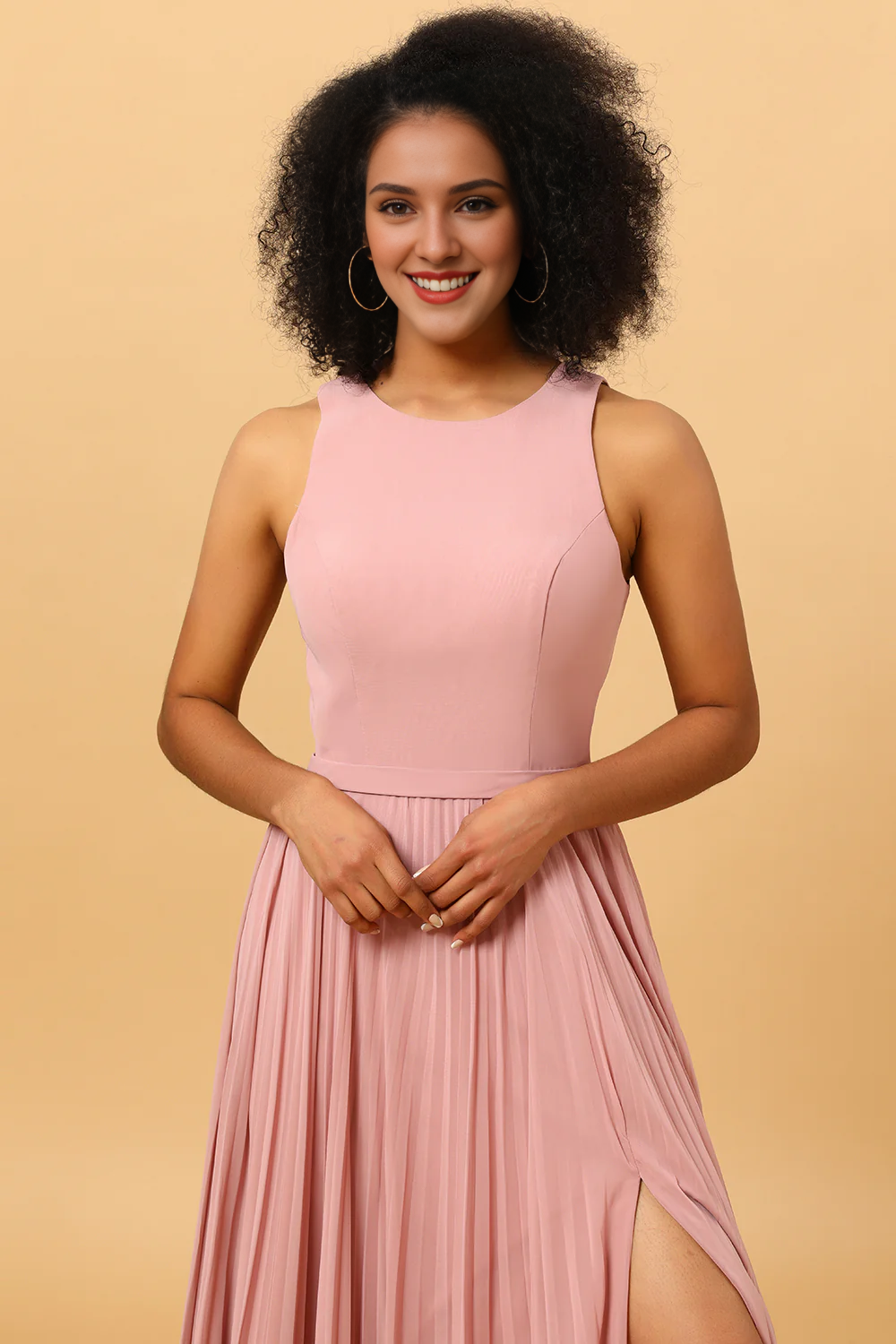 Dusty rose A-line high neck pleated long chiffon bridesmaid dress