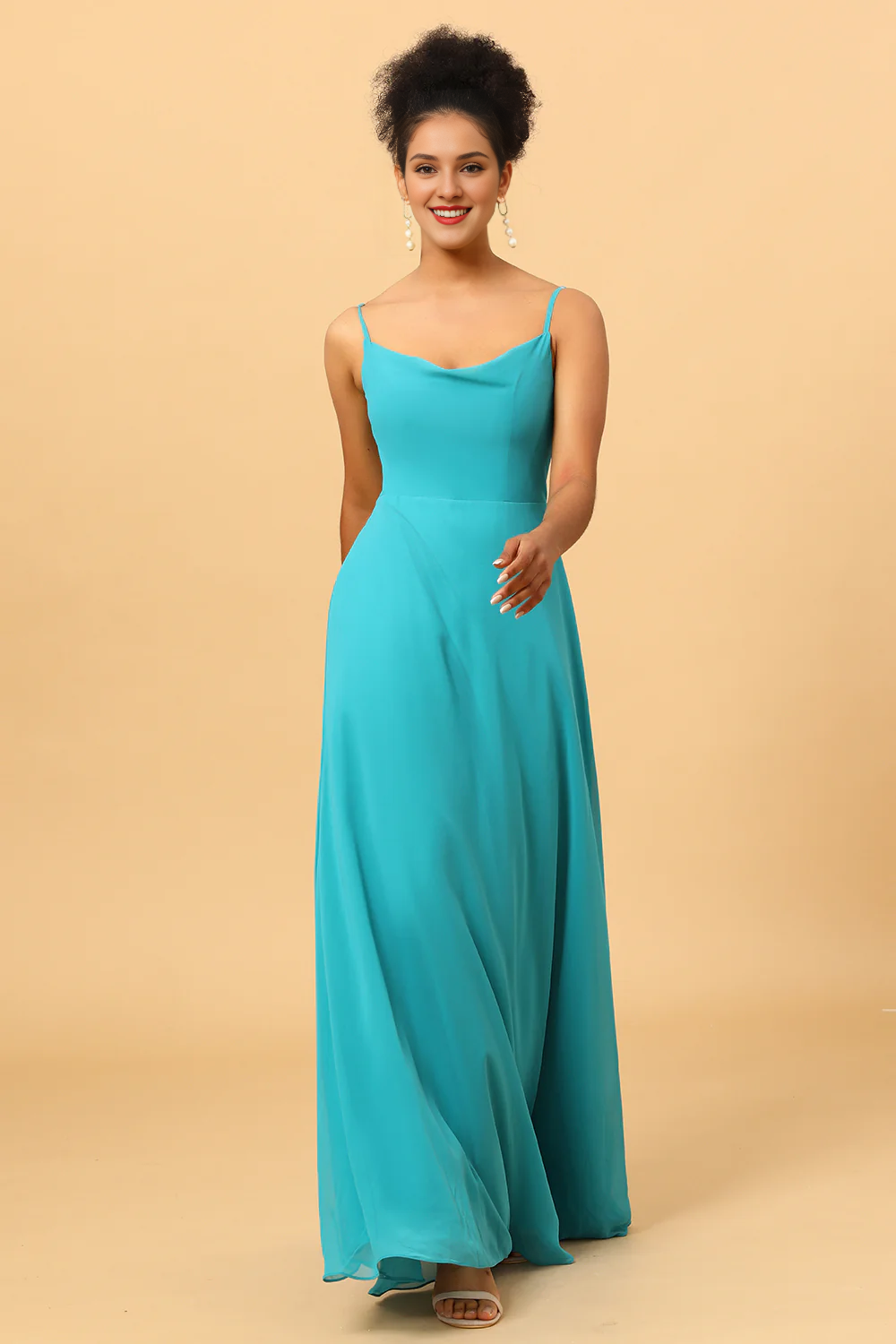 Jade colored thin shoulder strap long chiffon bridesmaid dress
