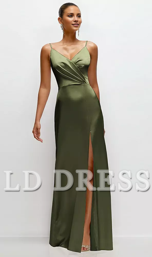 Thin shoulder strap pleated satin side slit and floor length bridesmaid dress - LD Dress