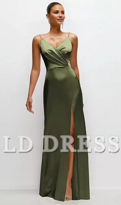 Thin shoulder strap pleated satin side slit and floor length bridesmaid dress - LD Dress