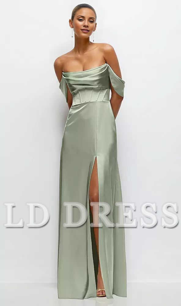 A-line satin off shoulder strapless and floor length bridesmaid dress - LD Dress