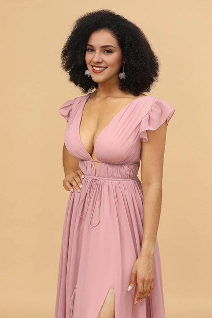 Pink A-line V-neck long slit chiffon bridesmaid dress