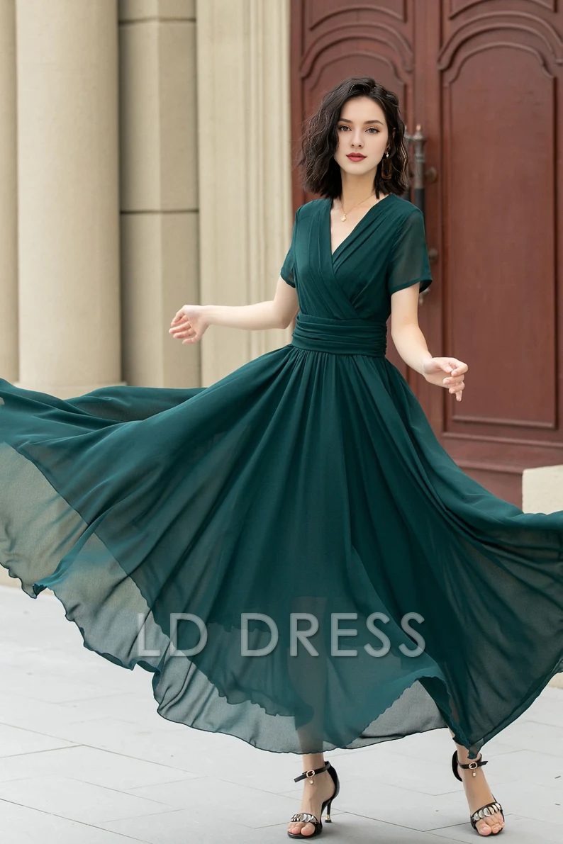 LD V-neck short sleeved chiffon pleated details and floor length Prom dress