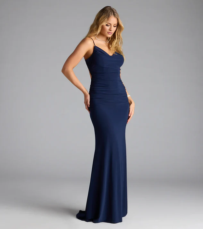 LD V-neck off shoulder sleeveless thin shoulder strap backless and floor length evening dress