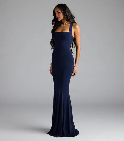 LD mermaid square neckline sleeveless backless and floor length evening dress