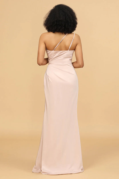 Powder blusher fishtail off shoulder satin long slit bridesmaid dress