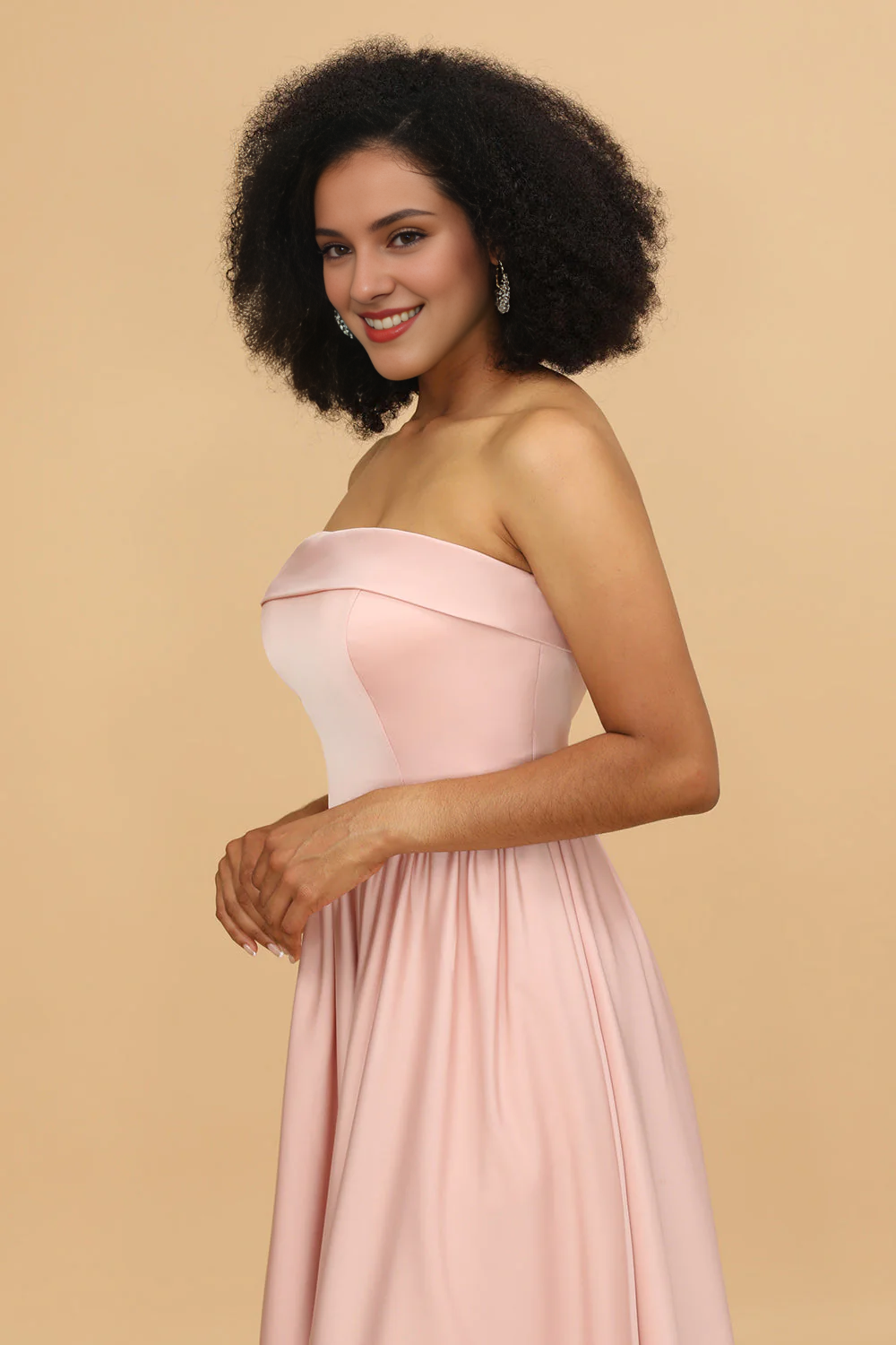 Pink A-line strapless satin long bridesmaid dress