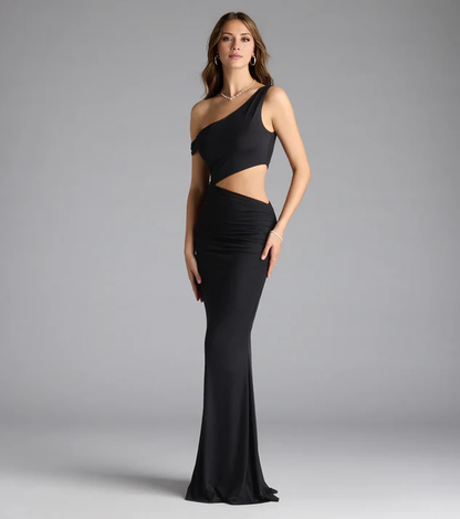 LD asymmetrical collar off shoulder sleeveless backless and floor length Prom dress