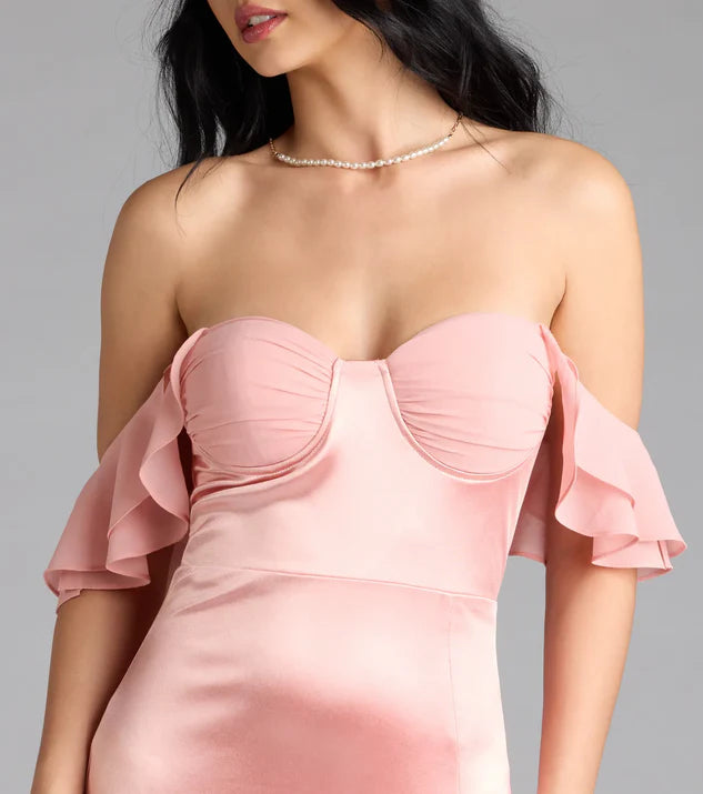 LD off shoulder collar sleeveless backless side slit and floor length evening dress