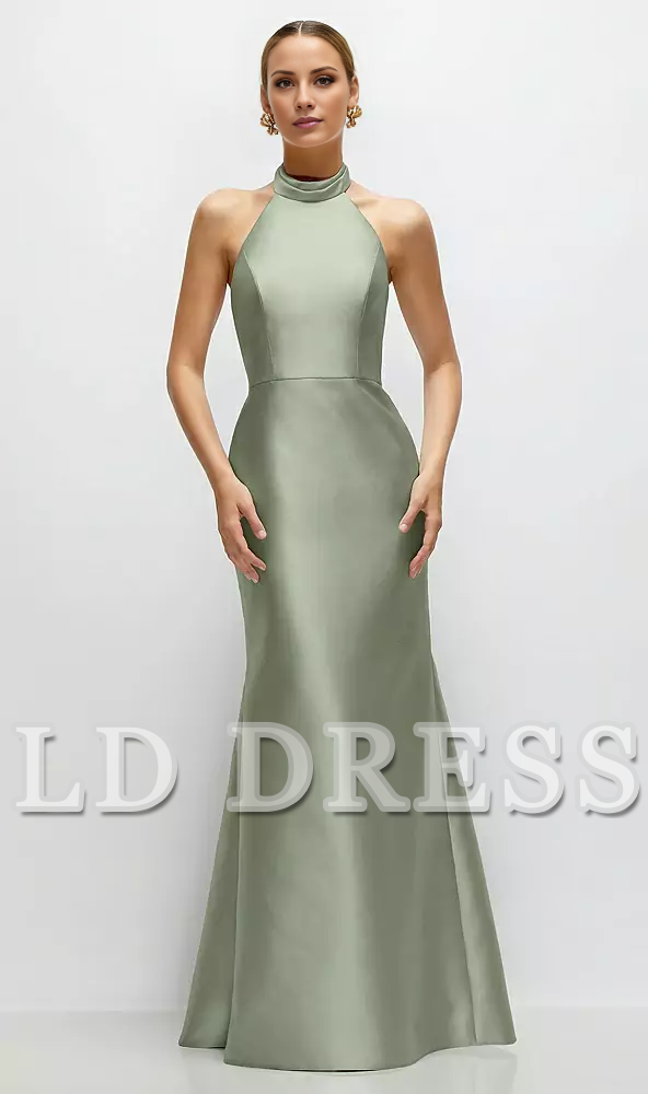 High neck spaghetti strap satin and floor length bridesmaid dress - LD Dress