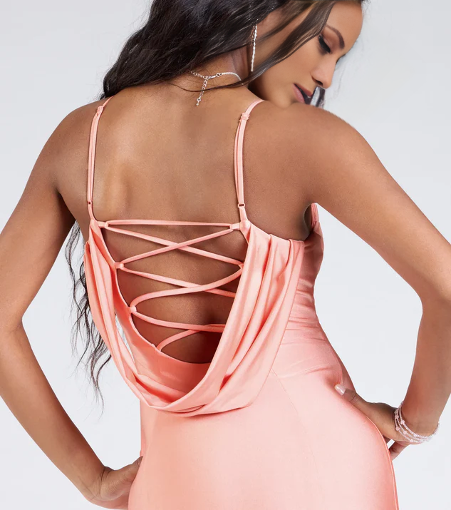LD square neckline sleeveless thin shoulder strap tied back exposed side slit and floor length Prom dress