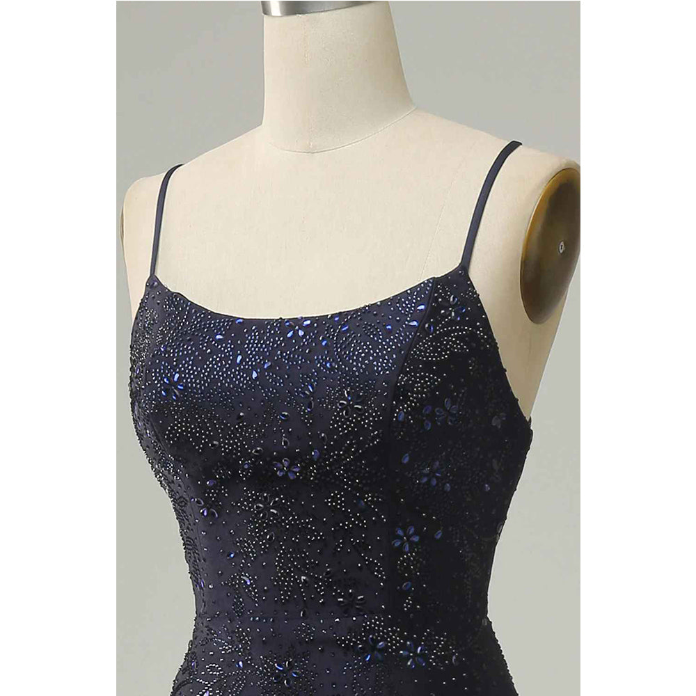 Navy Blue Split Strapless Sweetheart Beaded Prom Dress