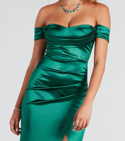 LD off shoulder collar sleeveless backless side slit and floor length Prom dress