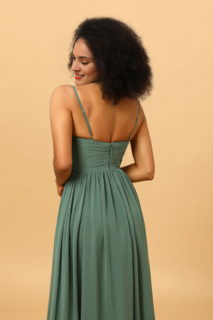 Eucalyptus A-line fine shoulder strap pleated long slit chiffon bridesmaid dress