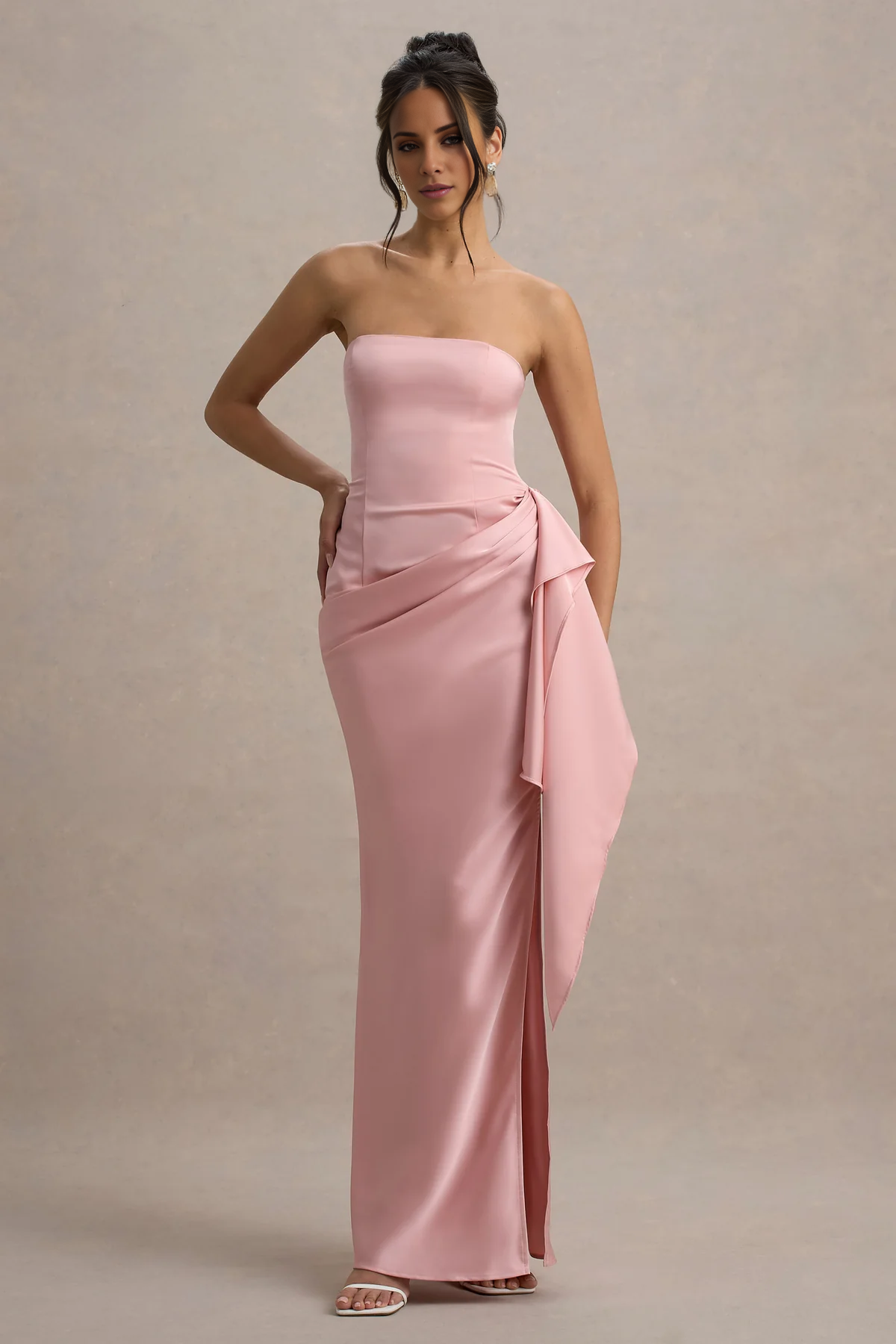 LD - Off Shoulder Collar Satin Pendant Side Split and Floor length Prom Dress