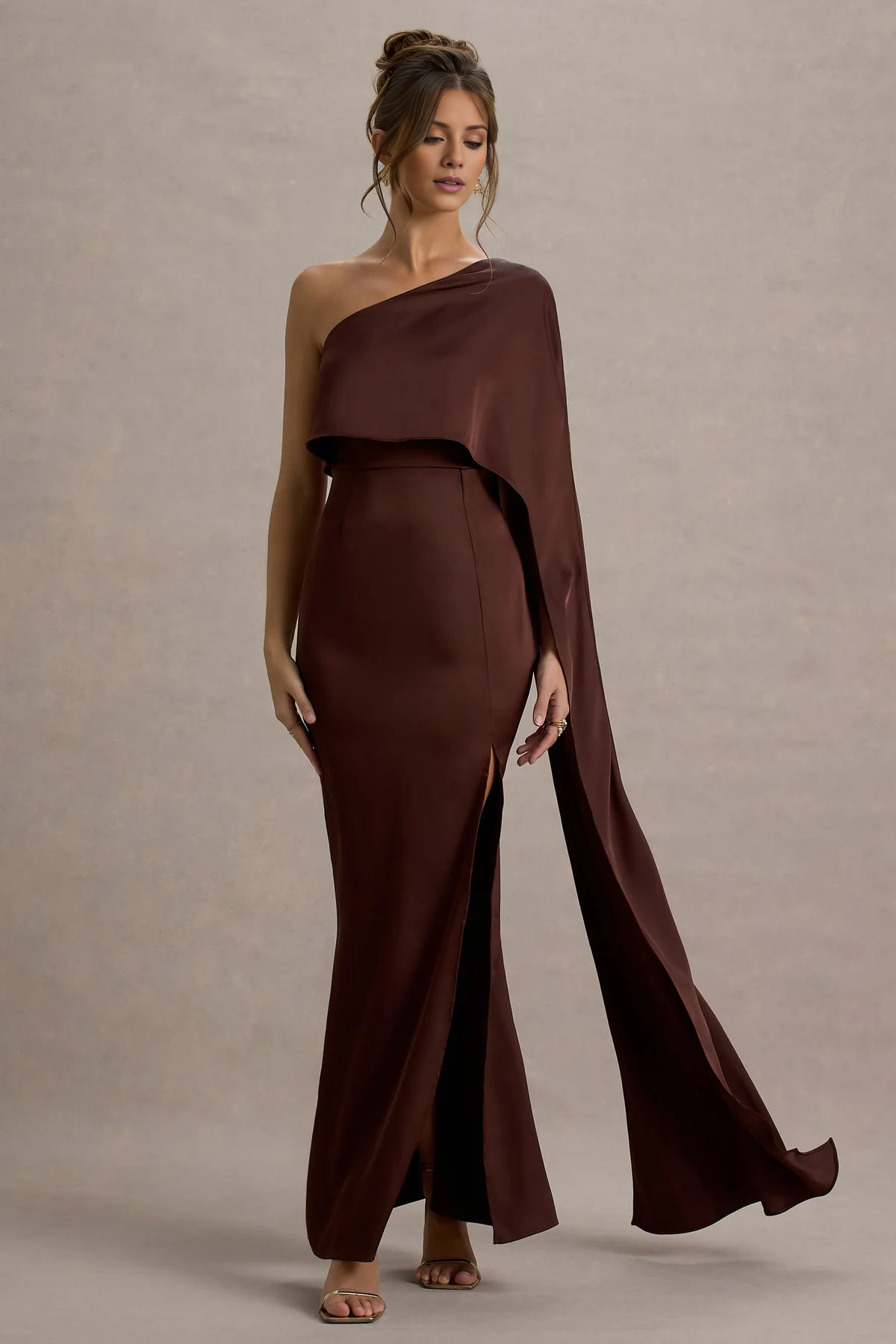 LD - Single shoulder collar satin side slit and floor length Prom dress