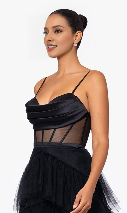 Folded cape collar transparent tight corset layered ruffle edge dress